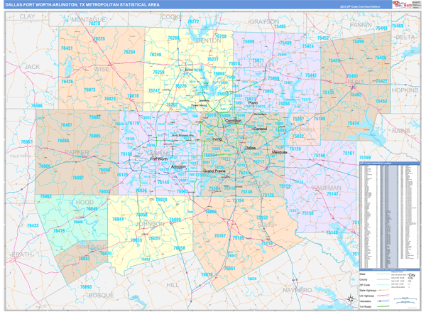 Dallas-Fort Worth-Arlington Metro Area Wall Map Color Cast Style